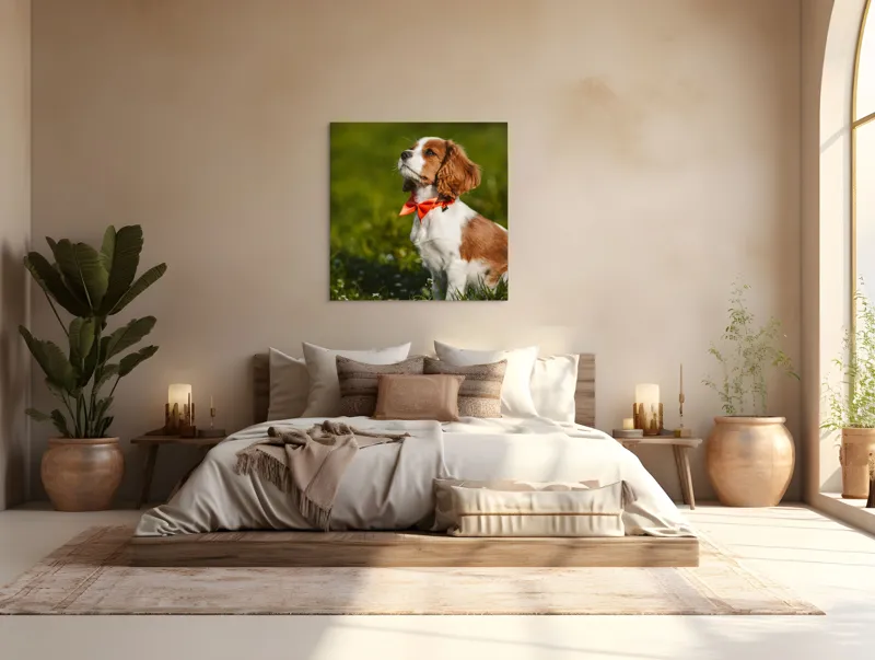 Tablou Canvas, "Cățel în grădină purtând eșarfă roșie", Cățel, Verdeață, Eșarfă, Blană, Natură, Soare, Drăgălaș, Curios, Exterior., 100 x 100 cm – poza 4