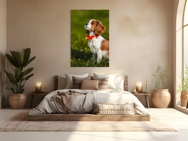 Tablou Canvas, "Cățel în grădină purtând eșarfă roșie", Cățel, Verdeață, Eșarfă, Blană, Natură, Soare, Drăgălaș, Curios, Exterior., 100 x 150 cm – poza 3