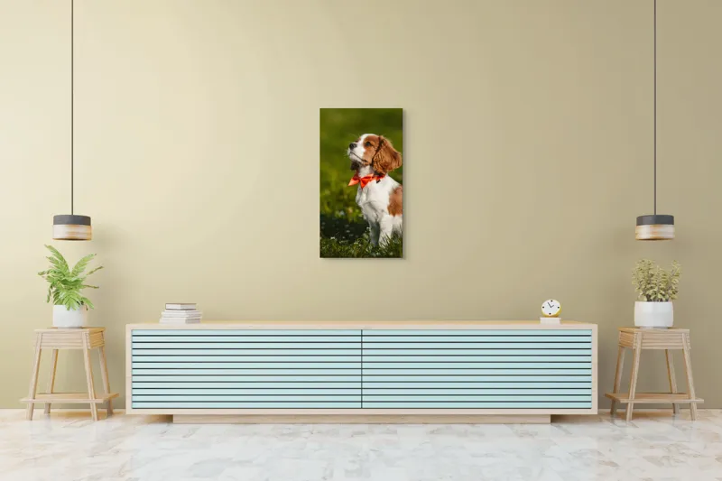 Tablou Canvas, "Cățel în grădină purtând eșarfă roșie", Cățel, Verdeață, Eșarfă, Blană, Natură, Soare, Drăgălaș, Curios, Exterior., 50 x 90 cm – poza 6