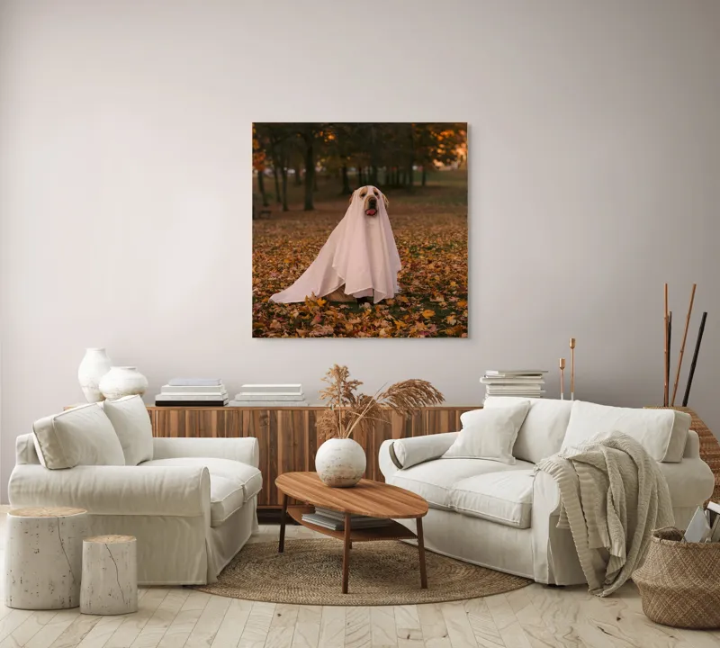 Tablou Canvas, "Câinele fantomă în pădurea de toamnă", Câine, Fantomă, Frunze, Toamnă, Parc, Distracție, Costum, 100 x 100 cm – poza 3