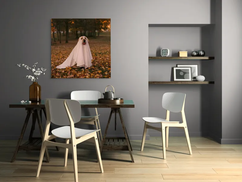 Tablou Canvas, "Câinele fantomă în pădurea de toamnă", Câine, Fantomă, Frunze, Toamnă, Parc, Distracție, Costum, 100 x 100 cm – poza 6