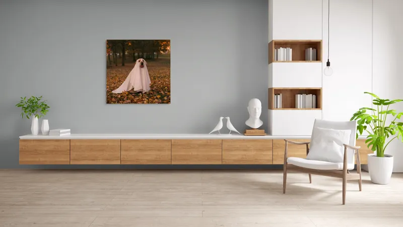 Tablou Canvas, "Câinele fantomă în pădurea de toamnă", Câine, Fantomă, Frunze, Toamnă, Parc, Distracție, Costum, 100 x 100 cm – poza 8