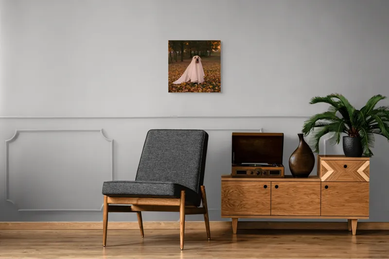 Tablou Canvas, "Câinele fantomă în pădurea de toamnă", Câine, Fantomă, Frunze, Toamnă, Parc, Distracție, Costum, 50 x 50 cm – poza 6