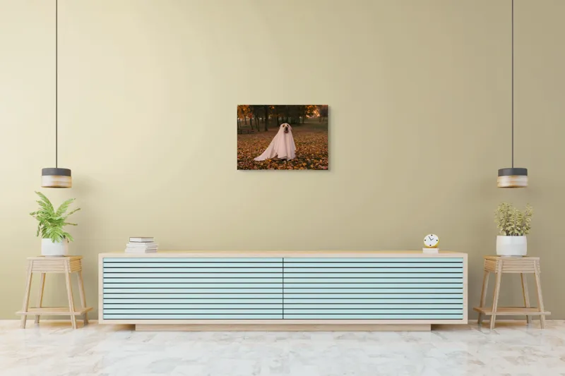 Tablou Canvas, "Câinele fantomă în pădurea de toamnă", Câine, Fantomă, Frunze, Toamnă, Parc, Distracție, Costum, 70 x 50 cm – poza 7