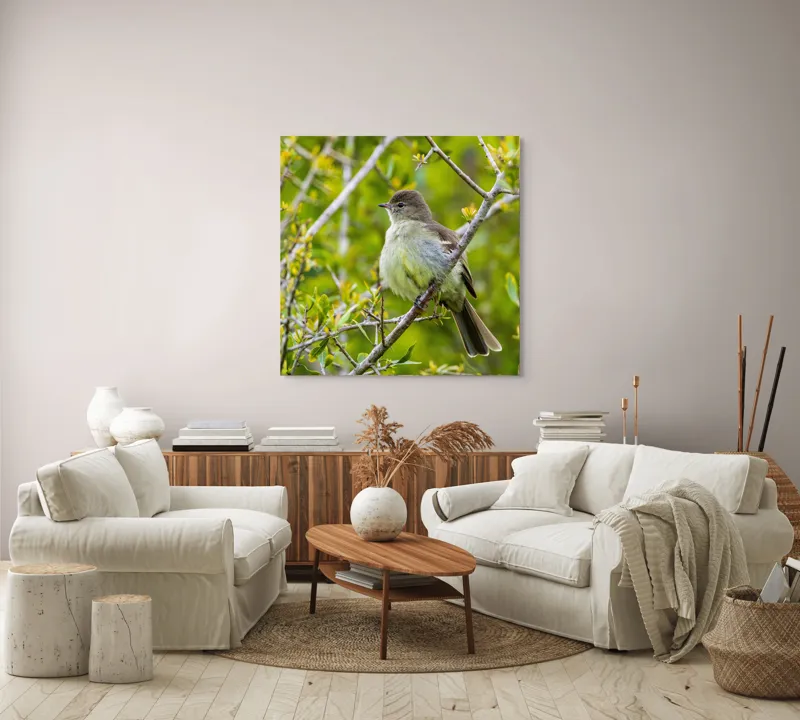 Tablou Canvas, "Pasărea cântătoare în crângul verde", Fermecător, Blând, Natură, Pene, Ramură, Verde, Fragil, Sălbatic, Primăvară, 100 x 100 cm – poza 3