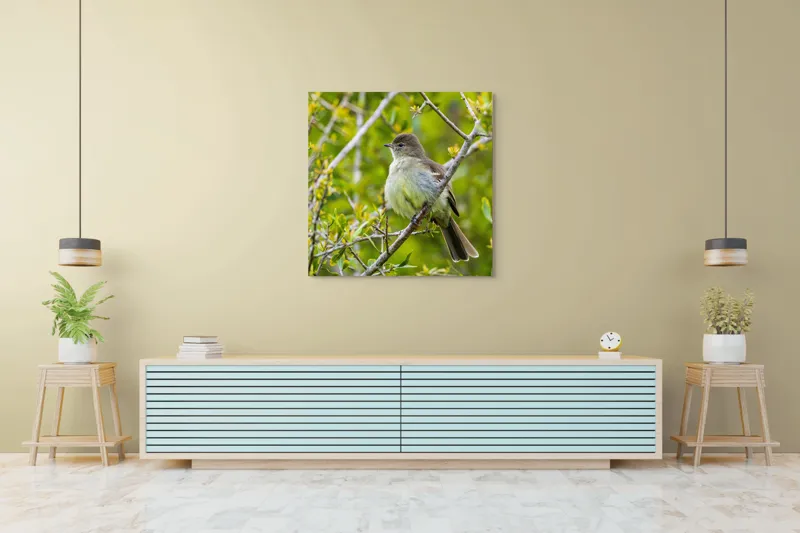 Tablou Canvas, "Pasărea cântătoare în crângul verde", Fermecător, Blând, Natură, Pene, Ramură, Verde, Fragil, Sălbatic, Primăvară, 100 x 100 cm – poza 5