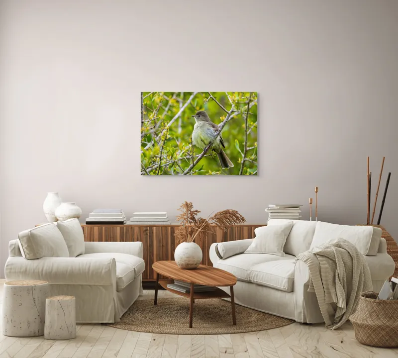 Tablou Canvas, "Pasărea cântătoare în crângul verde", Fermecător, Blând, Natură, Pene, Ramură, Verde, Fragil, Sălbatic, Primăvară, 100 x 70 cm – poza 3