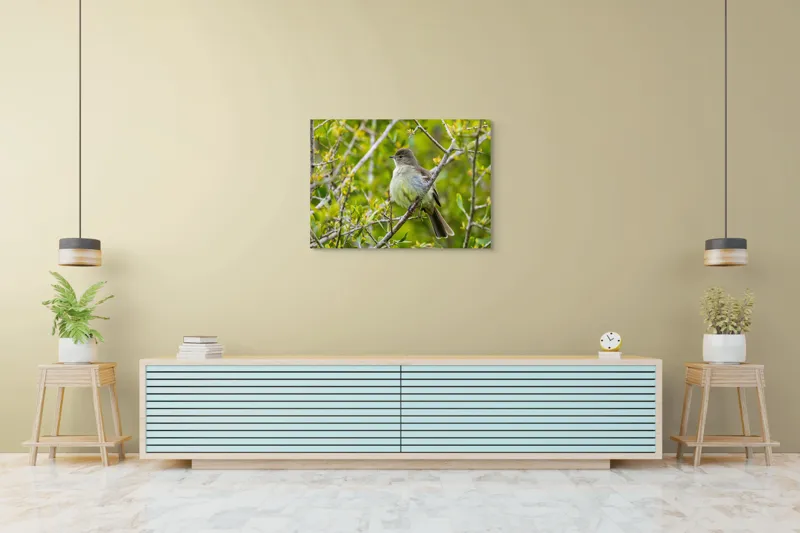 Tablou Canvas, "Pasărea cântătoare în crângul verde", Fermecător, Blând, Natură, Pene, Ramură, Verde, Fragil, Sălbatic, Primăvară, 100 x 70 cm – poza 4