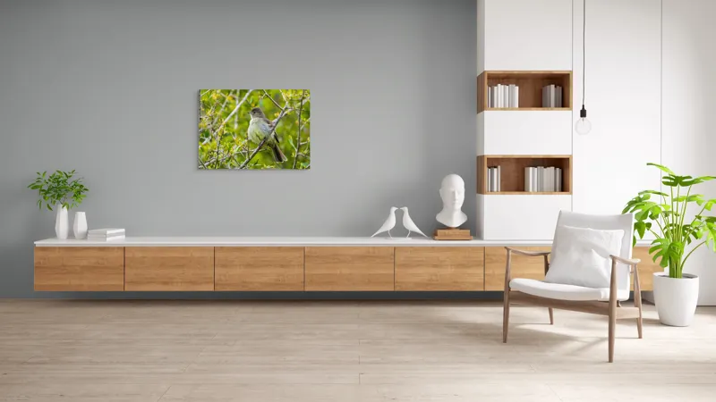 Tablou Canvas, "Pasărea cântătoare în crângul verde", Fermecător, Blând, Natură, Pene, Ramură, Verde, Fragil, Sălbatic, Primăvară, 100 x 70 cm – poza 6