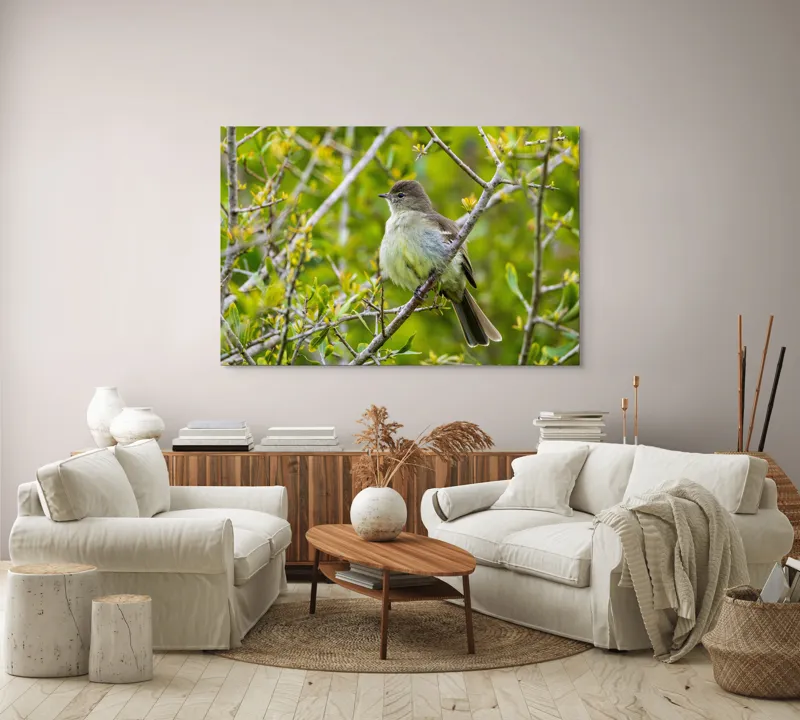 Tablou Canvas, "Pasărea cântătoare în crângul verde", Fermecător, Blând, Natură, Pene, Ramură, Verde, Fragil, Sălbatic, Primăvară, 150 x 100 cm – poza 3