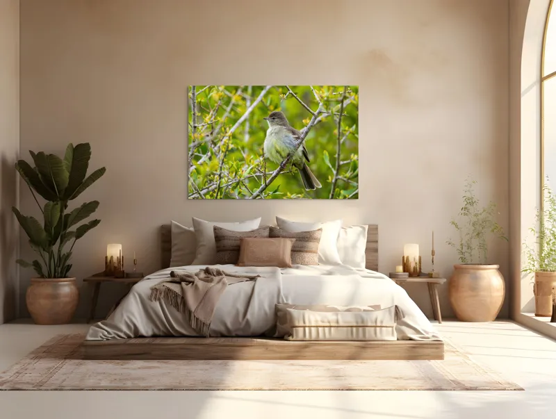 Tablou Canvas, "Pasărea cântătoare în crângul verde", Fermecător, Blând, Natură, Pene, Ramură, Verde, Fragil, Sălbatic, Primăvară, 150 x 100 cm – poza 4