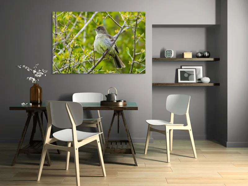 Tablou Canvas, "Pasărea cântătoare în crângul verde", Fermecător, Blând, Natură, Pene, Ramură, Verde, Fragil, Sălbatic, Primăvară, 150 x 100 cm – poza 5