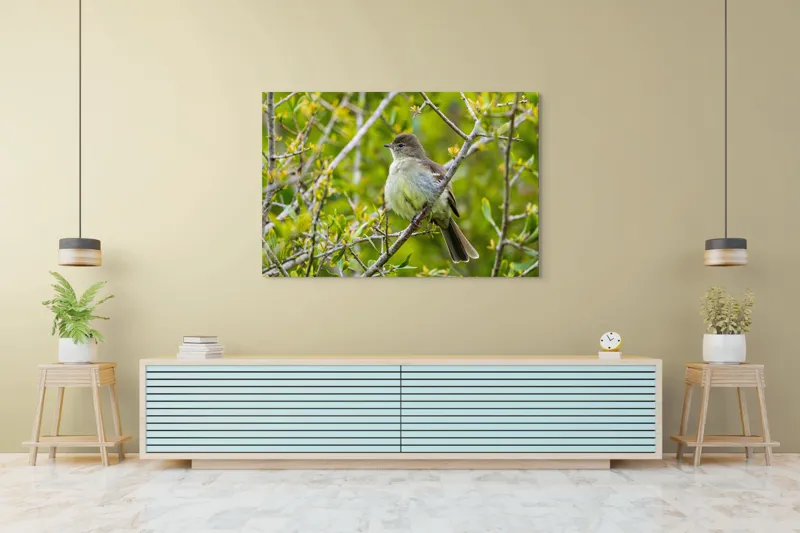 Tablou Canvas, "Pasărea cântătoare în crângul verde", Fermecător, Blând, Natură, Pene, Ramură, Verde, Fragil, Sălbatic, Primăvară, 150 x 100 cm – poza 6