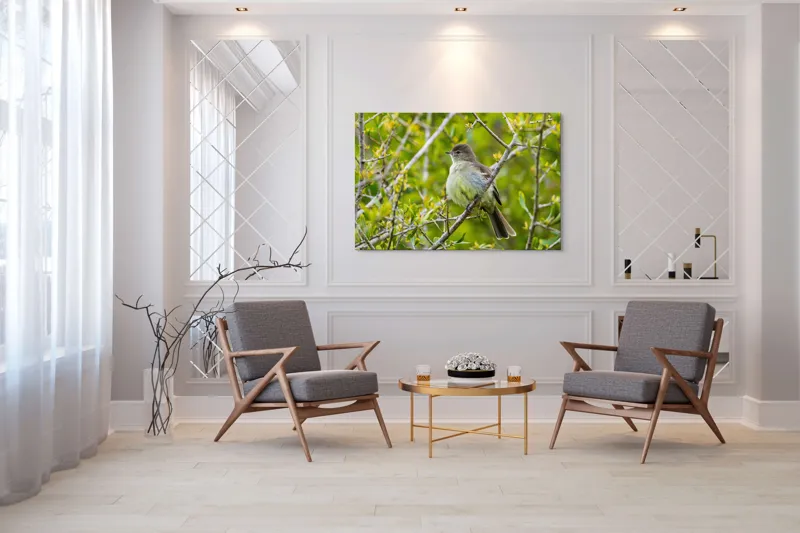 Tablou Canvas, "Pasărea cântătoare în crângul verde", Fermecător, Blând, Natură, Pene, Ramură, Verde, Fragil, Sălbatic, Primăvară, 150 x 100 cm – poza 7