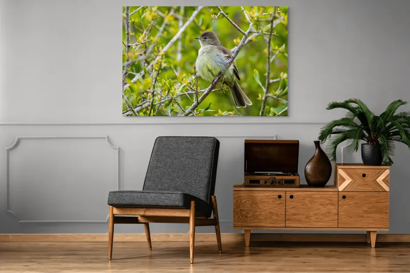 Tablou Canvas, "Pasărea cântătoare în crângul verde", Fermecător, Blând, Natură, Pene, Ramură, Verde, Fragil, Sălbatic, Primăvară, 150 x 100 cm – poza 8