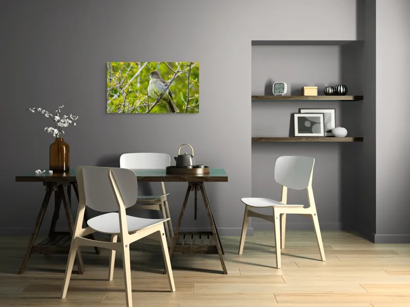 Tablou Canvas, "Pasărea cântătoare în crângul verde", Fermecător, Blând, Natură, Pene, Ramură, Verde, Fragil, Sălbatic, Primăvară, 90 x 50 cm – poza 3