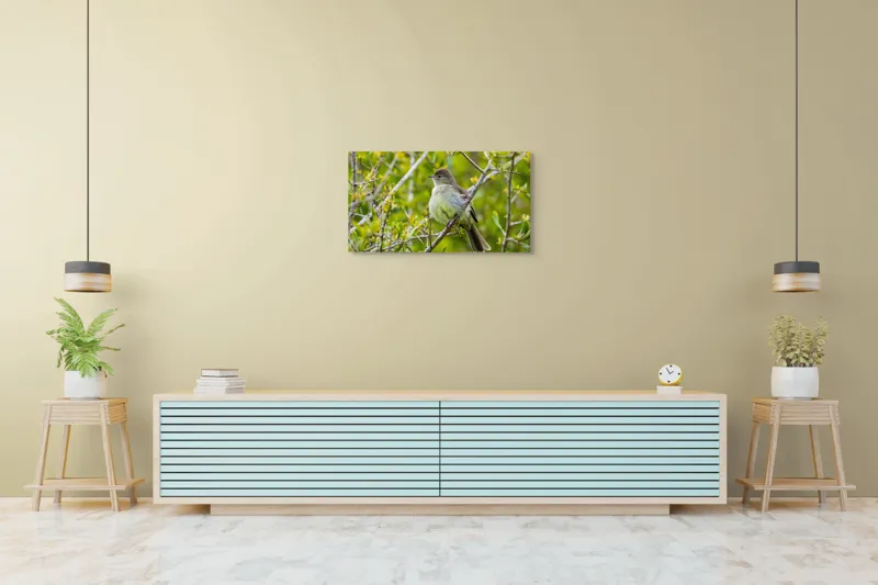 Tablou Canvas, "Pasărea cântătoare în crângul verde", Fermecător, Blând, Natură, Pene, Ramură, Verde, Fragil, Sălbatic, Primăvară, 90 x 50 cm – poza 5