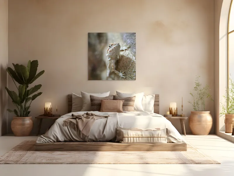 Tablou Canvas, "Un mic dragon pe stâncă ", Șopârlă, Culoare, Textură, Privire, Perete, Camuflaj, Natură, Detaliu., 100 x 100 cm – poza 4