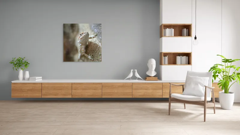 Tablou Canvas, "Un mic dragon pe stâncă ", Șopârlă, Culoare, Textură, Privire, Perete, Camuflaj, Natură, Detaliu., 100 x 100 cm – poza 8