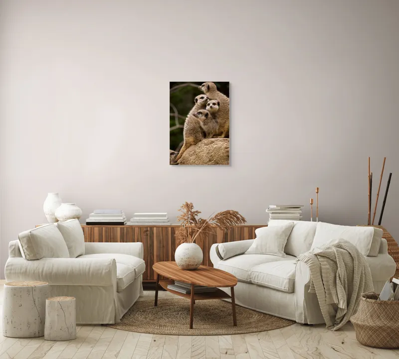 Tablou Canvas, "Suricatele veghează pe stâncă împreună", Meerkat, Grup, Vigilență, Blană, Curiozitate, Piatră, Natură, Familie, 50 x 70 cm – poza 4