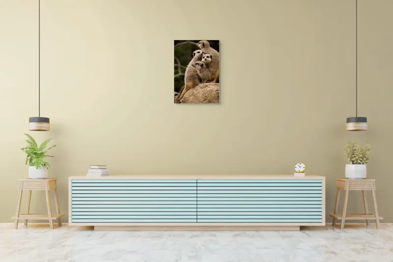 Tablou Canvas, "Suricatele veghează pe stâncă împreună", Meerkat, Grup, Vigilență, Blană, Curiozitate, Piatră, Natură, Familie, 50 x 70 cm – poza 6