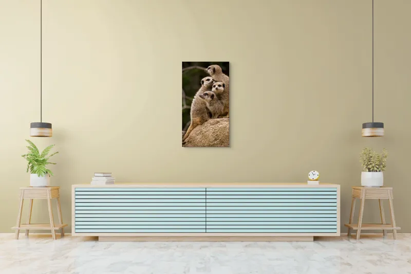 Tablou Canvas, "Suricatele veghează pe stâncă împreună", Meerkat, Grup, Vigilență, Blană, Curiozitate, Piatră, Natură, Familie, 50 x 90 cm – poza 6