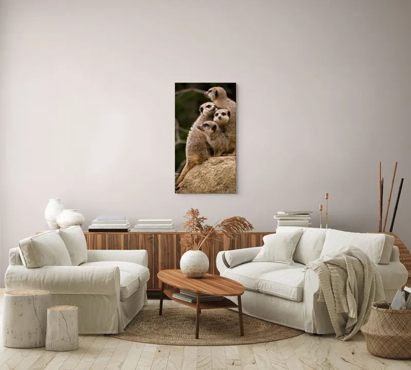 Tablou Canvas, "Suricatele veghează pe stâncă împreună", Meerkat, Grup, Vigilență, Blană, Curiozitate, Piatră, Natură, Familie, 50 x 90 cm – poza 7