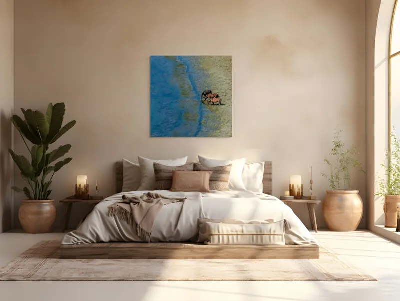 Tablou Canvas, "Trei cai lângă apă liniștită", Ape, Cai, Iarbă, Mal, Natură, Liniște, Reflecție., 100 x 100 cm – poza 4