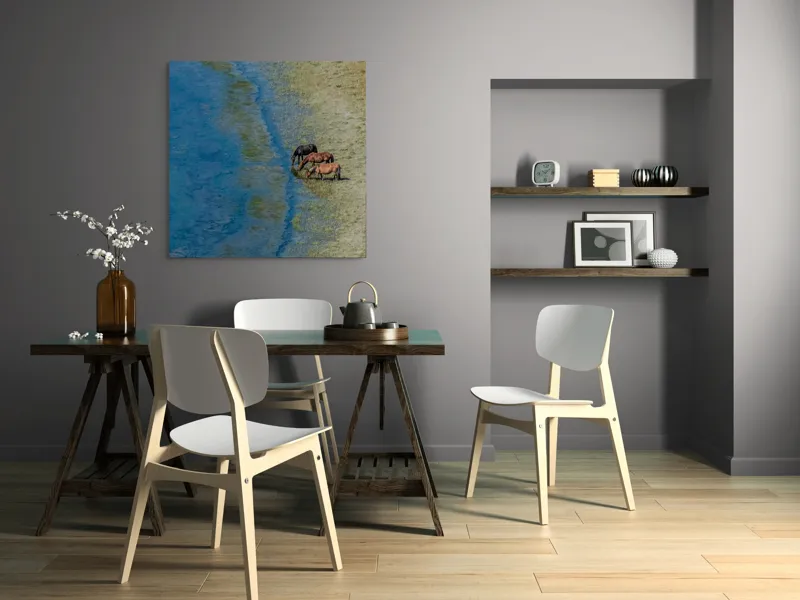Tablou Canvas, "Trei cai lângă apă liniștită", Ape, Cai, Iarbă, Mal, Natură, Liniște, Reflecție., 100 x 100 cm – poza 6
