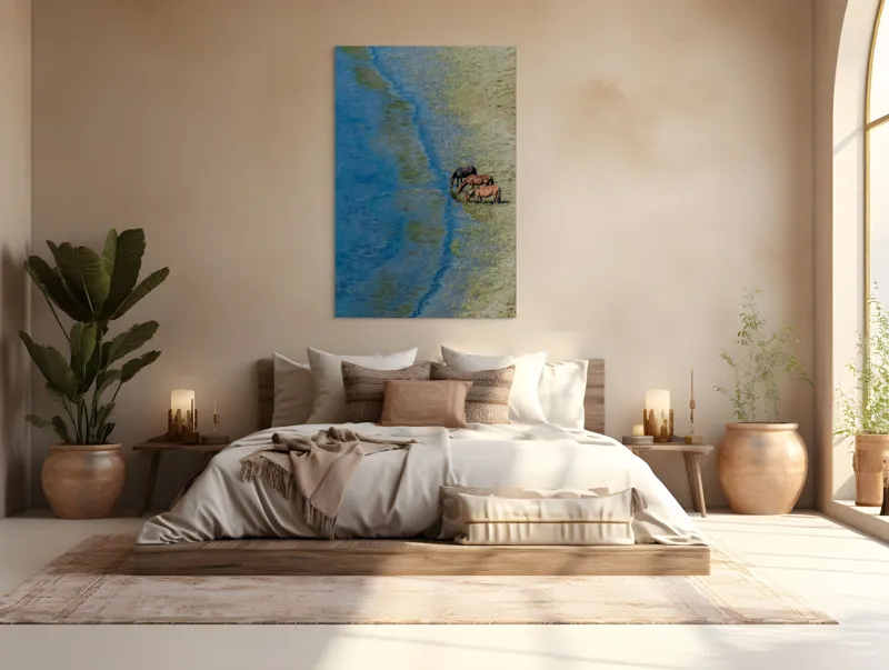 Tablou Canvas, "Trei cai lângă apă liniștită", Ape, Cai, Iarbă, Mal, Natură, Liniște, Reflecție., 100 x 150 cm – poza 3