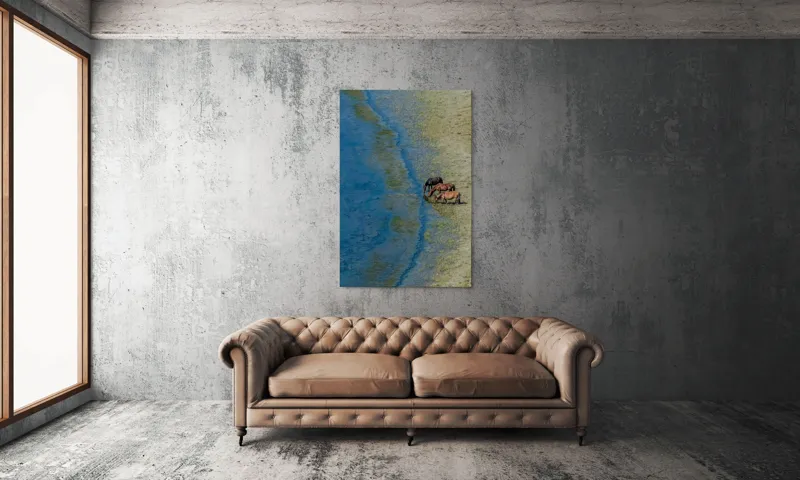 Tablou Canvas, "Trei cai lângă apă liniștită", Ape, Cai, Iarbă, Mal, Natură, Liniște, Reflecție., 100 x 150 cm – poza 6