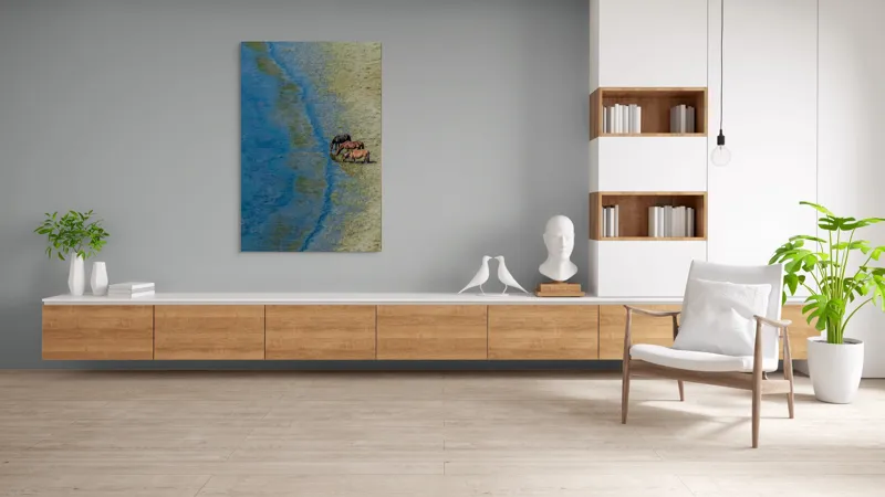 Tablou Canvas, "Trei cai lângă apă liniștită", Ape, Cai, Iarbă, Mal, Natură, Liniște, Reflecție., 100 x 150 cm – poza 8