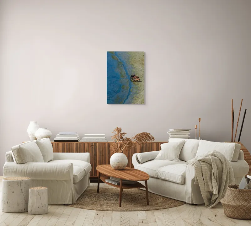 Tablou Canvas, "Trei cai lângă apă liniștită", Ape, Cai, Iarbă, Mal, Natură, Liniște, Reflecție., 50 x 70 cm – poza 4