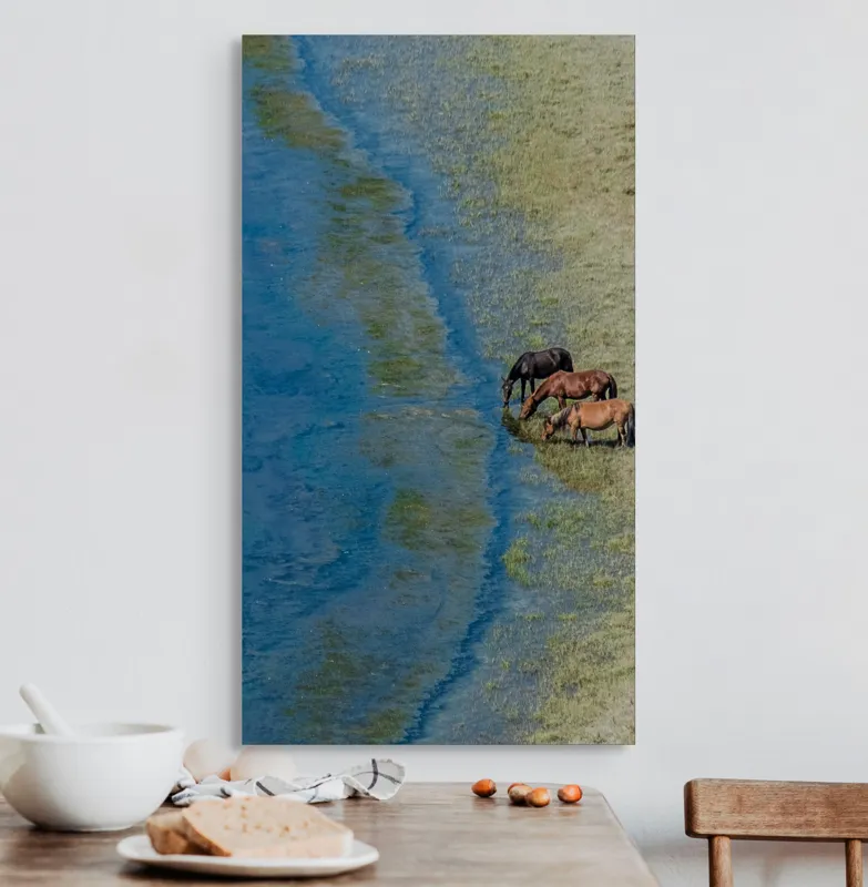 Tablou Canvas, "Trei cai lângă apă liniștită", Ape, Cai, Iarbă, Mal, Natură, Liniște, Reflecție., 50 x 90 cm – poza 3
