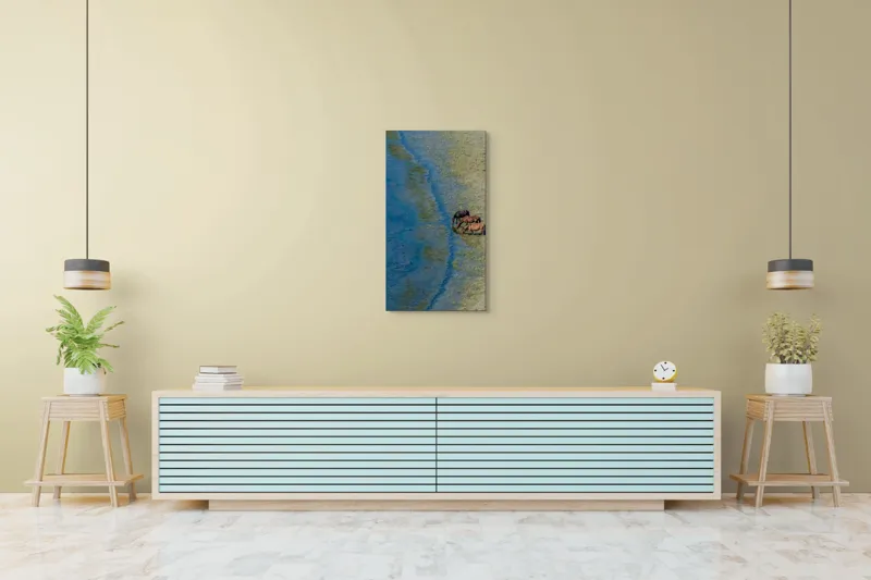 Tablou Canvas, "Trei cai lângă apă liniștită", Ape, Cai, Iarbă, Mal, Natură, Liniște, Reflecție., 50 x 90 cm – poza 6