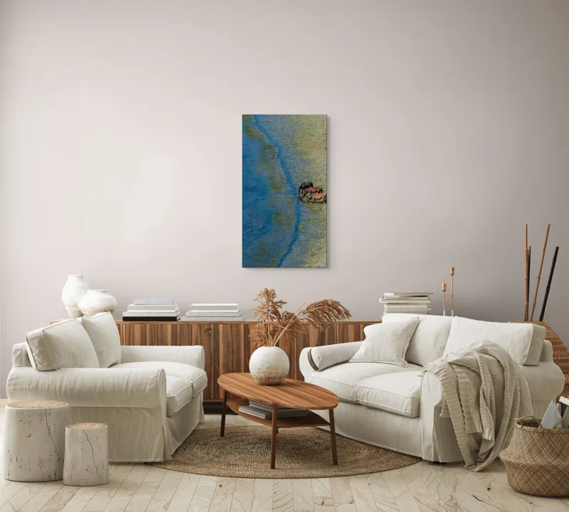 Tablou Canvas, "Trei cai lângă apă liniștită", Ape, Cai, Iarbă, Mal, Natură, Liniște, Reflecție., 50 x 90 cm – poza 7