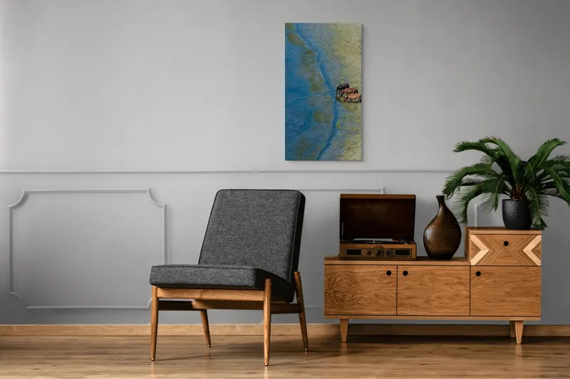 Tablou Canvas, "Trei cai lângă apă liniștită", Ape, Cai, Iarbă, Mal, Natură, Liniște, Reflecție., 50 x 90 cm – poza 8
