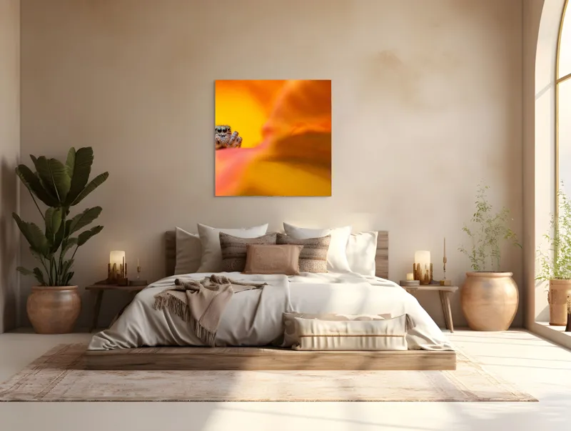 Tablou Canvas, "Curiozitatea unui păianjen colorat", Păianjen, Petală, Portocaliu, Focalizare, Contrast, Mic, Fundal, Textură, 100 x 100 cm – poza 4