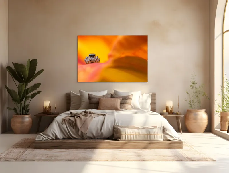 Tablou Canvas, "Curiozitatea unui păianjen colorat", Păianjen, Petală, Portocaliu, Focalizare, Contrast, Mic, Fundal, Textură, 150 x 100 cm – poza 4