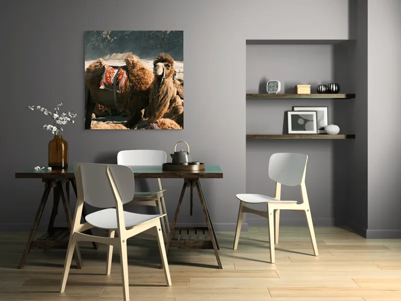 Tablou Canvas, "Cămila cu șaua brodată colorată", Cămile, Peisaj, Păturici, Munte, Cer, Nisip, Blană, Grup, Călători, Odihnă, 100 x 100 cm – poza 6