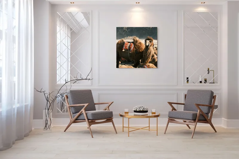 Tablou Canvas, "Cămila cu șaua brodată colorată", Cămile, Peisaj, Păturici, Munte, Cer, Nisip, Blană, Grup, Călători, Odihnă, 100 x 100 cm – poza 7