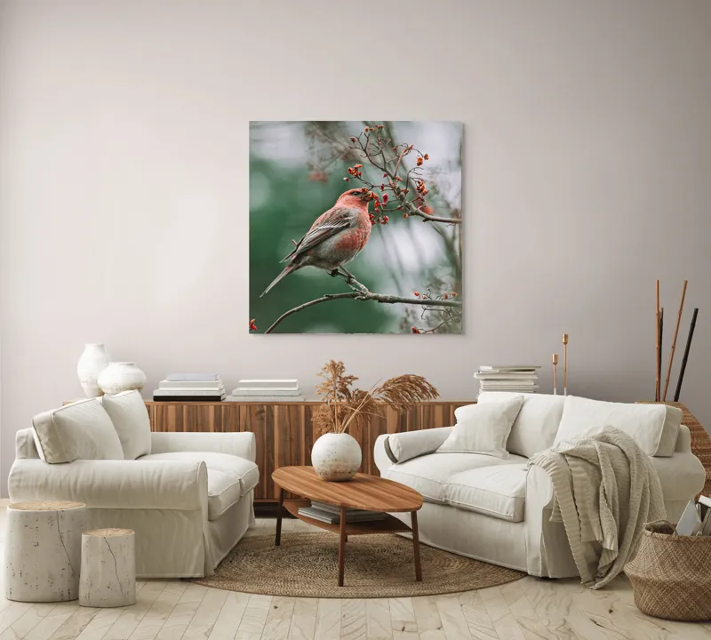 Tablou Canvas, "Pasărea roșcată pe ramură înflorită", Pasăre, Ramură, Flori, Natură, Penaj, Roz, Beak, Frunziș, Perching, Wild., 100 x 100 cm – poza 3