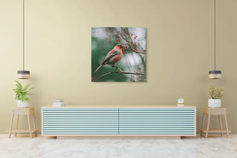 Tablou Canvas, "Pasărea roșcată pe ramură înflorită", Pasăre, Ramură, Flori, Natură, Penaj, Roz, Beak, Frunziș, Perching, Wild., 100 x 100 cm – poza 5