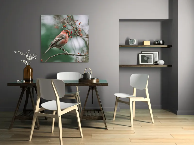 Tablou Canvas, "Pasărea roșcată pe ramură înflorită", Pasăre, Ramură, Flori, Natură, Penaj, Roz, Beak, Frunziș, Perching, Wild., 100 x 100 cm – poza 6