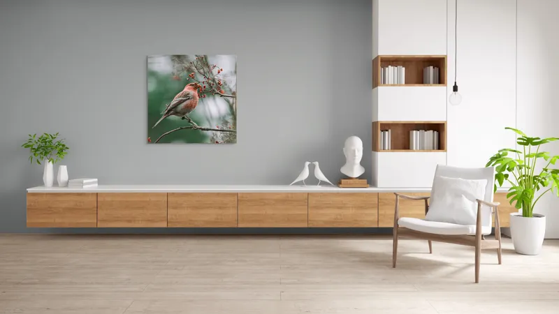 Tablou Canvas, "Pasărea roșcată pe ramură înflorită", Pasăre, Ramură, Flori, Natură, Penaj, Roz, Beak, Frunziș, Perching, Wild., 100 x 100 cm – poza 8