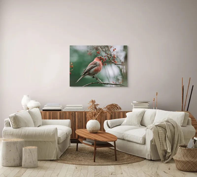 Tablou Canvas, "Pasărea roșcată pe ramură înflorită", Pasăre, Ramură, Flori, Natură, Penaj, Roz, Beak, Frunziș, Perching, Wild., 100 x 70 cm – poza 3