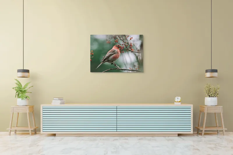 Tablou Canvas, "Pasărea roșcată pe ramură înflorită", Pasăre, Ramură, Flori, Natură, Penaj, Roz, Beak, Frunziș, Perching, Wild., 100 x 70 cm – poza 4