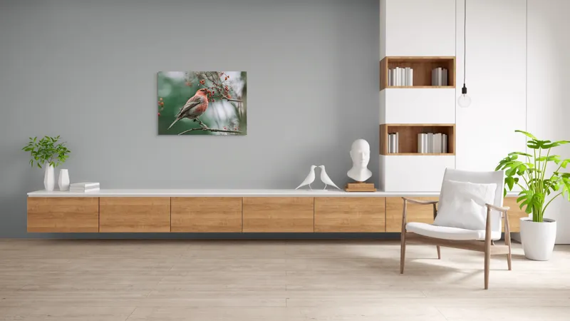 Tablou Canvas, "Pasărea roșcată pe ramură înflorită", Pasăre, Ramură, Flori, Natură, Penaj, Roz, Beak, Frunziș, Perching, Wild., 100 x 70 cm – poza 6