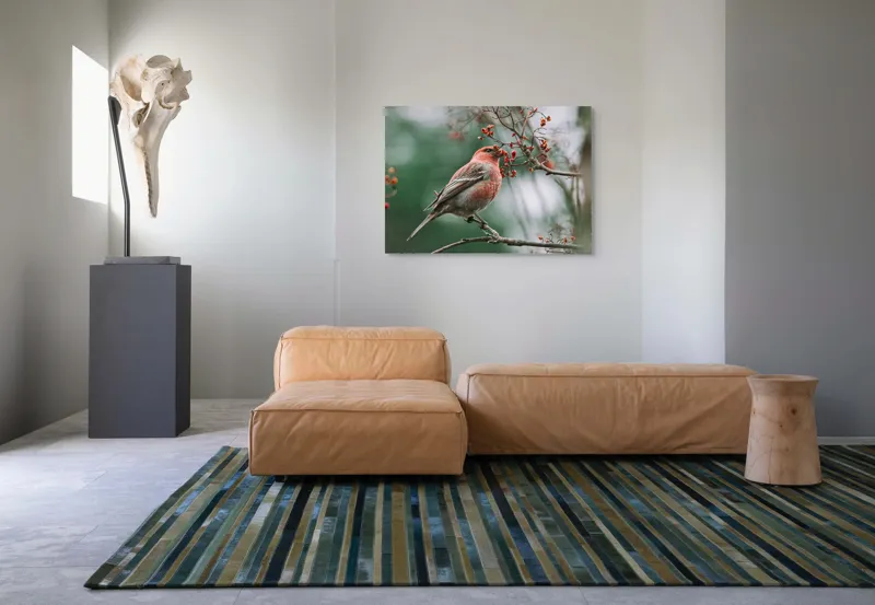 Tablou Canvas, "Pasărea roșcată pe ramură înflorită", Pasăre, Ramură, Flori, Natură, Penaj, Roz, Beak, Frunziș, Perching, Wild., 100 x 70 cm – poza 7