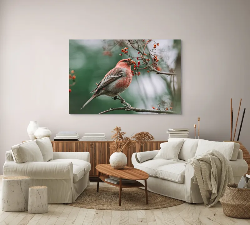 Tablou Canvas, "Pasărea roșcată pe ramură înflorită", Pasăre, Ramură, Flori, Natură, Penaj, Roz, Beak, Frunziș, Perching, Wild., 150 x 100 cm – poza 3